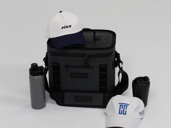 Branded cooler bag, drink bottle and caps