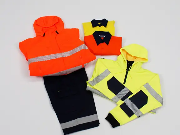 Hi-vis workwear jackets, vests and trousers with reflective tape