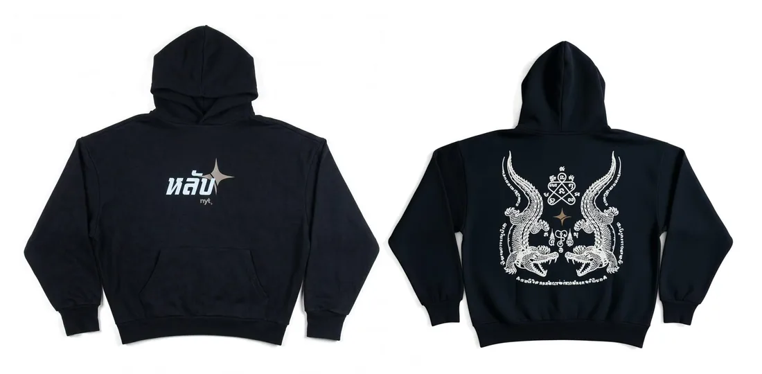 Finished Goodnyt hoodie, front and back, with the หลับ chest print and twin crocodile back print