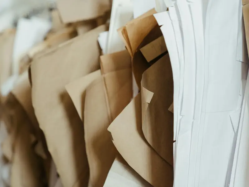 Paper garment patterns hanging in a workroom