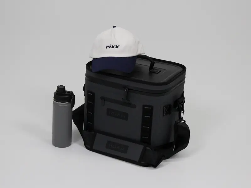 Finished branded cooler bag, cap and drink bottle